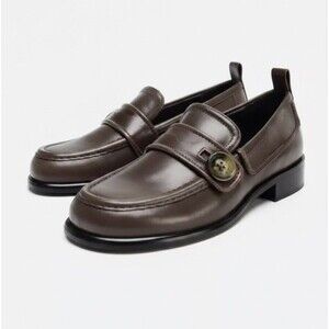 Zara Leather Button Loafers Flats- Grey - US 7.5 EUR 38 - NWOT